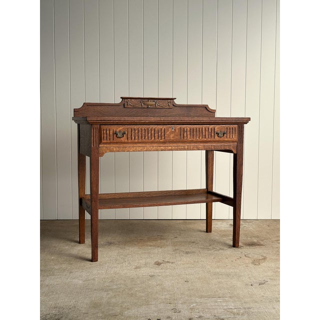 Antique Quarter Sawn Oak Console Table With Carved Gallery Back For Sale - Image 11 of 17