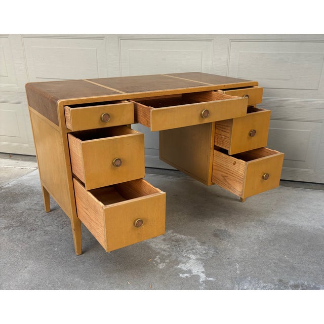 Mid-Century Modern Rare Edward Wormley Dunbar Leather Top Waterfall Desk Mid Century Modern For Sale - Image 3 of 16