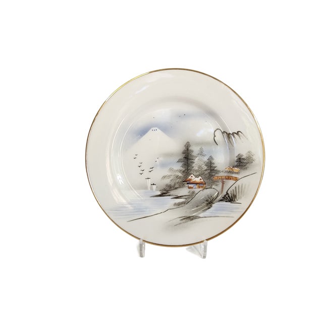 Metal Hand-Painted Vintage Kutani Mt. Fuji Plate With Gold Trim – Scenic Winter Village - 4 Available For Sale - Image 7 of 7