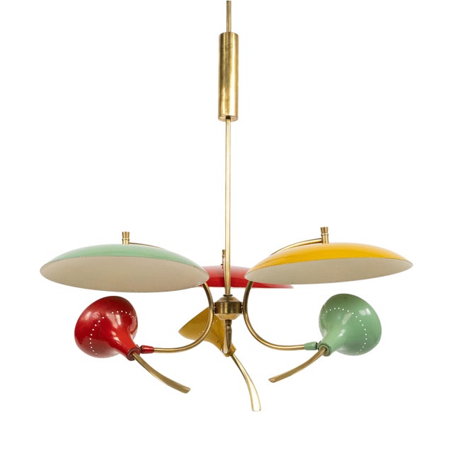 Mid-Century Chandelier in Enamel Metal and Brass in the style of Stilnovo, Italy, 1950s For Sale