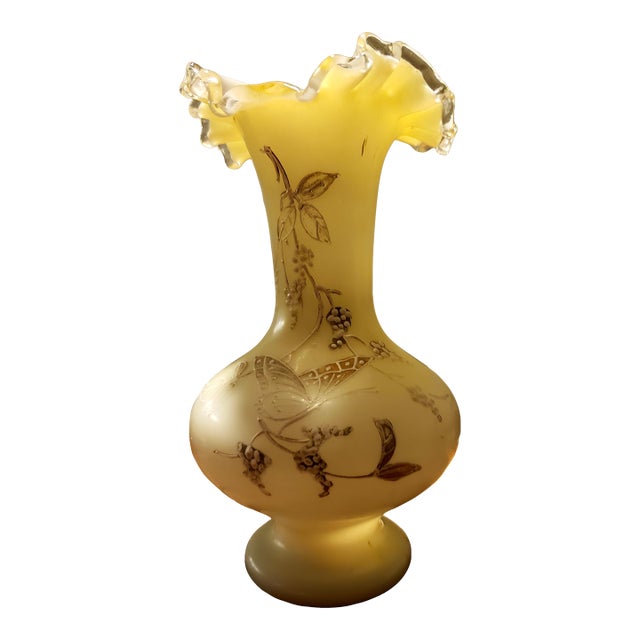 Vintage Fenton Hand-Painted Butterfly Uranium Glass Vase | Satin Custard Ruffled Rim For Sale
