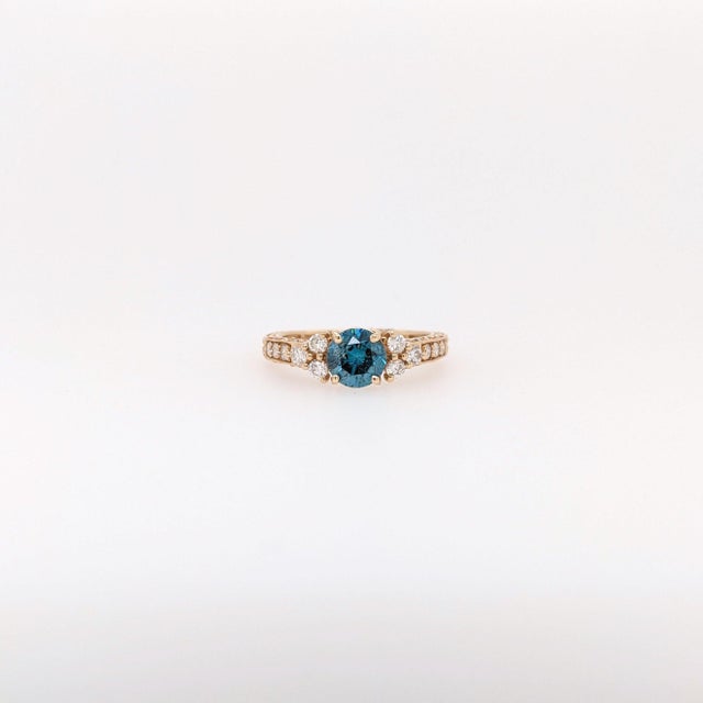 Vintage Inspired Blue Diamond Ring: Solid 14k Yellow Gold, Round 6mm, Size 6.75 For Sale - Image 4 of 9