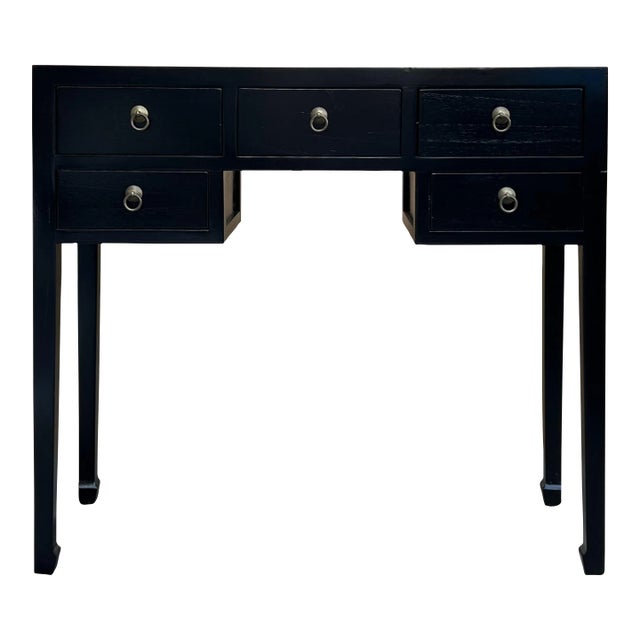 Chinese Black Lacquer 5 Drawers Foyer Narrow Slim Side Table Desk For Sale