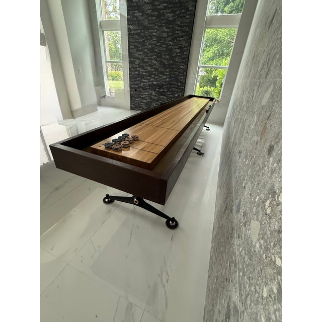 District Eight District Eight Artisanal 13’ Shuffleboard Table, Smoked Oak Frame & Cast Iron Base For Sale - Image 4 of 13