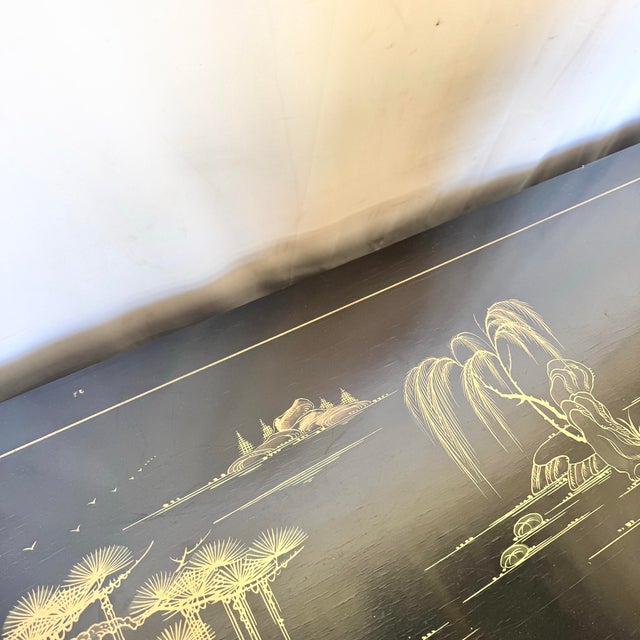 Mid 20th Century Vintage Chinese Black and Gold Hand Painted Dresser With Mirrors - 3 Pieces For Sale - Image 5 of 12