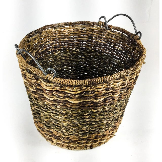 Vintage XL Metal Handle Multi Use Wicker Basket For Sale - Image 4 of 13