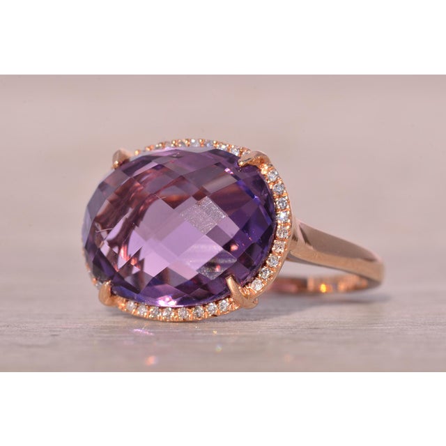 2000 - 2009 The Nelle: Checkerboard Cut Natural Amethyst and Diamond Halo Ring in Rose Gold For Sale - Image 5 of 11