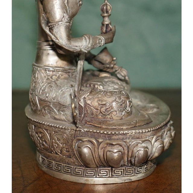 Tibetan Silvered Metal Buddhist Deity Figure Statue on Lotus Base For Sale - Image 10 of 18