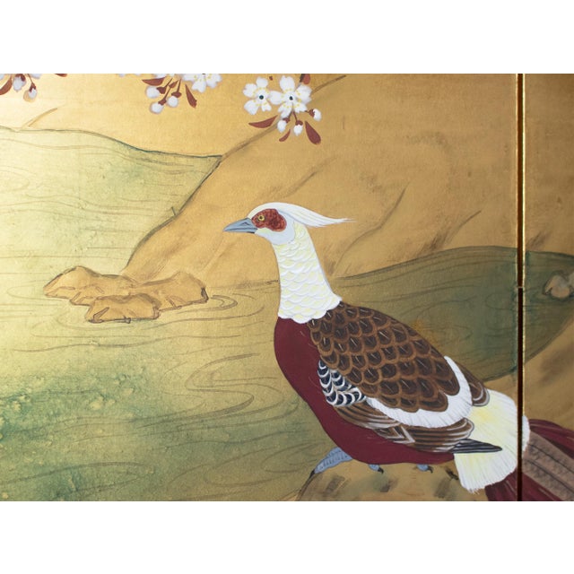 "Cherry Blossoms and Golden Birds" by Ransetsu, Heisei Era Japanese Byobu Screen For Sale - Image 14 of 18