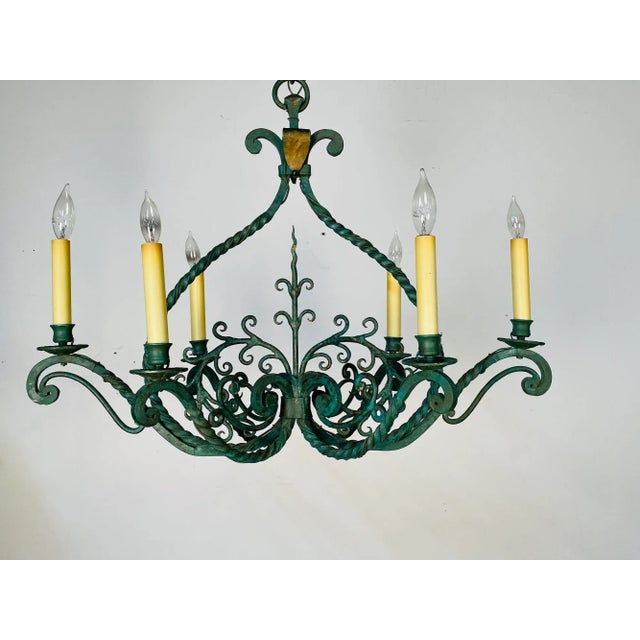 Industrial Wrought Iron Industrial Green Painted Chandelier, Circa 1930s For Sale - Image 3 of 11