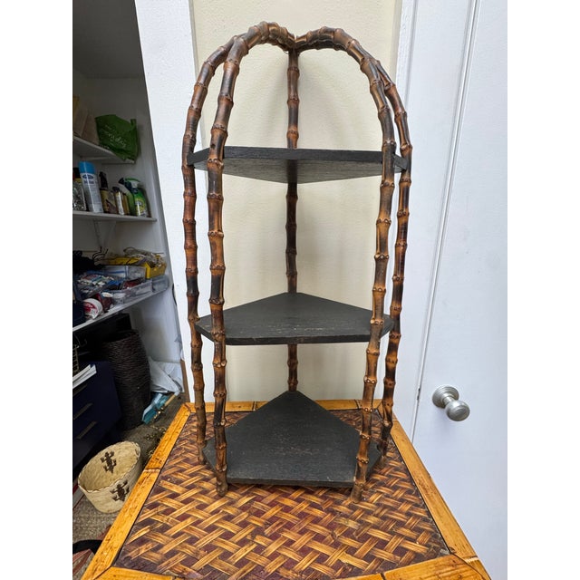Early 20th Century Antique Burnt Bamboo Hanging Corner Shelf For Sale - Image 5 of 8