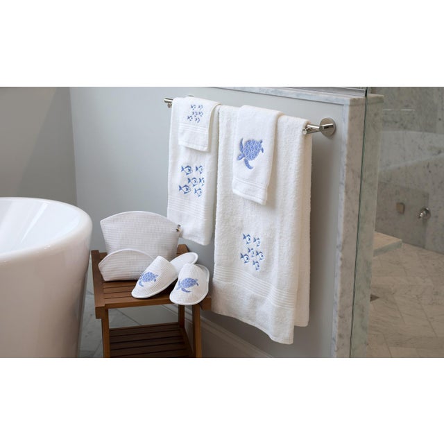 Aqua/Beige School of Fish Tissue Box Cover in White Linen & Cotton, Embroidered For Sale In Boston - Image 6 of 6