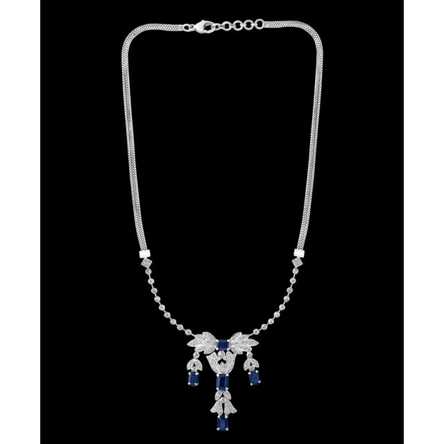 Metal Agi Natural Blue Sapphire & Diamond Necklace 18 Karat White Gold, Suite, Estate For Sale - Image 7 of 8