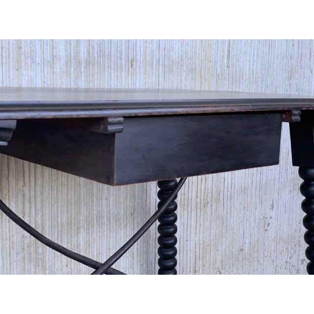 Spanish 1900s Walnut Side Table with Single Drawer and Iron Stretcher For Sale - Image 11 of 18