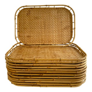 Vintage 1970’s Woven Rattan Stacking Trays - Set of 12 For Sale