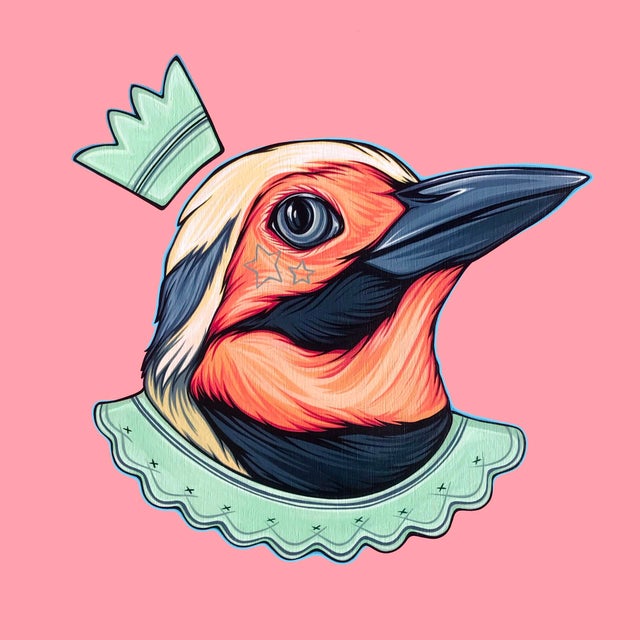 This artwork features a stylized bird adorned with a crown and decorative collar, set against a vibrant pink background....