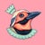 This artwork features a stylized bird adorned with a crown and decorative collar, set against a vibrant pink background....