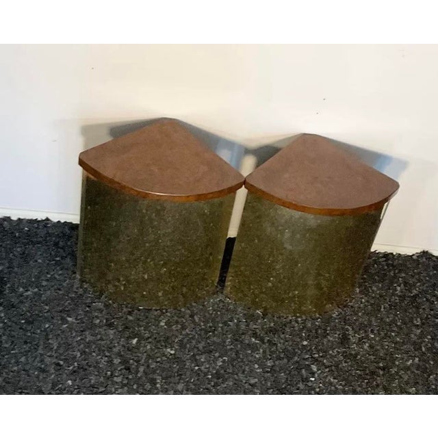 Milo Baughman 70s Brass and Burl Corner Pedestal Stand Tables - A Pair For Sale - Image 4 of 11
