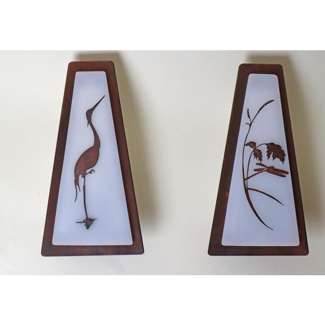 Mid-Century Modern Copper and Acrylic Glass Wall Lights with Heron & Dragonfly, 1950s, Set of 2 For Sale - Image 12 of 17