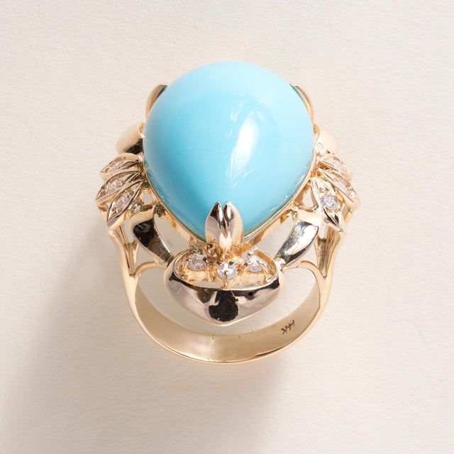 Vintage 14k Gold 19 Carat Turquoise Pear Shape and Diamond Cocktail Ring, Size 7.5 For Sale - Image 4 of 6