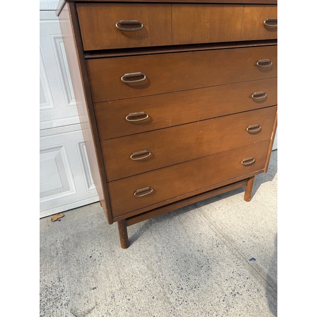 Mid Century Modern Walnut Highboy Dresser With Sculptural Brass Ring Pulls For Sale In New York - Image 6 of 12