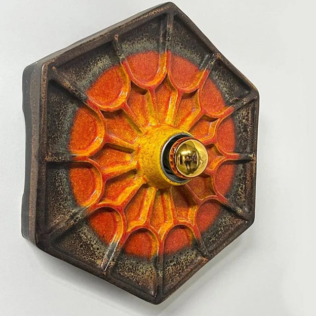 Brown German Orange Hex-Shaped Ceramic Wall Lights, 1970, Set of 2 For Sale - Image 8 of 10