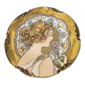 Antique Victorian Limoges Hand Painted Mucha Primrose Art Nouveau Porcelain Portrait Plate