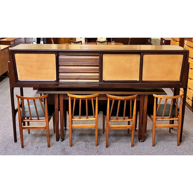 Iconic European Mid Century Modern Teak & Wicker Nesting Dining Suite W/ Credenza, Dining Table & Four Chairs c.1960 For Sale In San Francisco - Image 6 of 18
