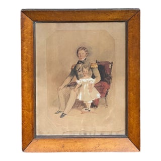 19th-C. English Sea Ship Captain W/ Child Watercolor on Paper in Burl Walnut Frame For Sale
