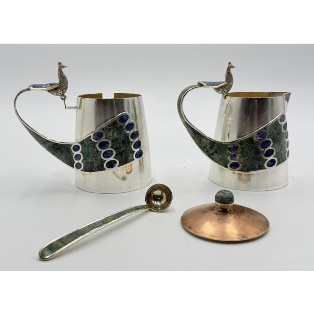 1970s Wolmar Castillo "Peacock" Creamer, Sugar Pot & Ladle W/ Malachite & Lapis Inlay For Sale In Los Angeles - Image 6 of 18