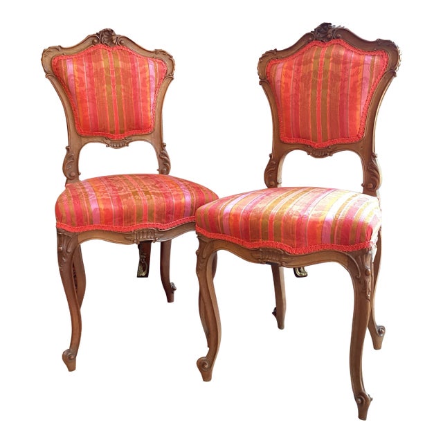 1950s French Louis XV Style Walnut Side Chairs - Pair For Sale