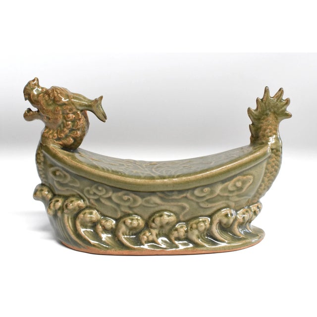 Light Green Dragon Ceramic Pillow Long Quan Kiln For Sale - Image 8 of 13