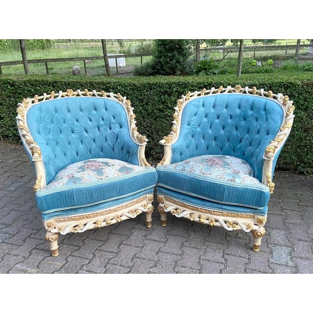 1970s French Louis XVI Turquoise Velvet Bergères Pair For Sale - Image 6 of 6