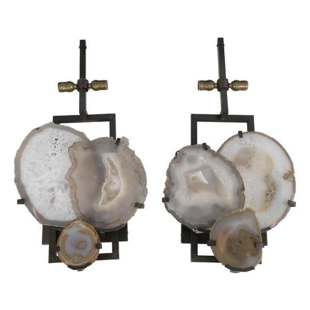 Pair of Cut Agate Wall Sconces With Rectangular Fabric Shades For Sale