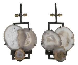 Pair of Cut Agate Wall Sconces With Rectangular Fabric Shades