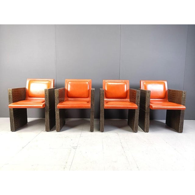 Vintage French Leather Armchairs by Maison Vandamme, 1970s, Set of 4 For Sale - Image 4 of 13