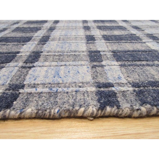 Blue Gray Plaid Hand-Knotted Bamboo Silk Rug 5x8 For Sale - Image 4 of 5