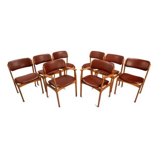 Set of Eight 8 Model 49 Dining Chairs W/ Two Armchairs in Teak & New Leather Attributed to Erik Buch for O. D. Møbler, Denmark, C. 1960s For Sale