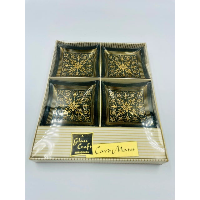 Glass Vintage “Card Mates” Smoke Glass & Gold Leaf Petite Trays in Original Box- Set of 4 For Sale - Image 7 of 12