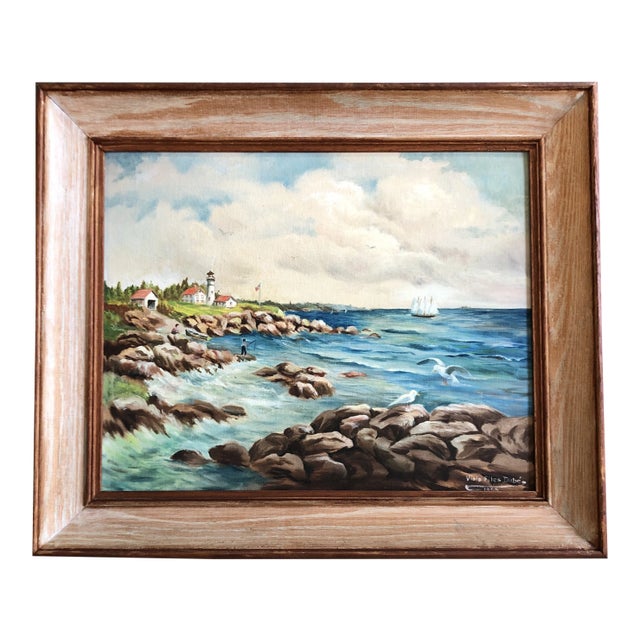 Vintage 1950’s Modernist Original Maine Coastal Painting Signed Lighthouse/Sailboat/Fisherman/Seagulls For Sale