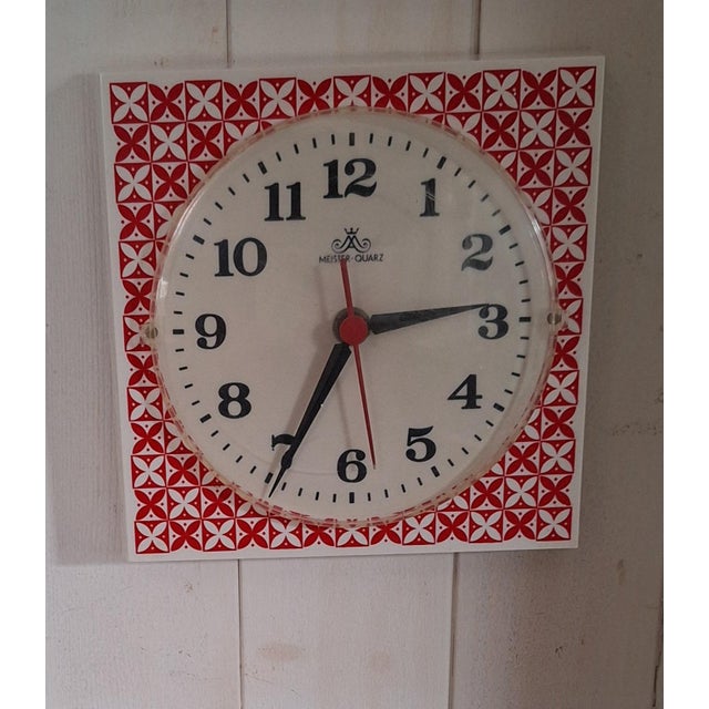 Vintage German Wall Clock in White Plastic with Red Decor by Meister, 1970s For Sale - Image 6 of 6