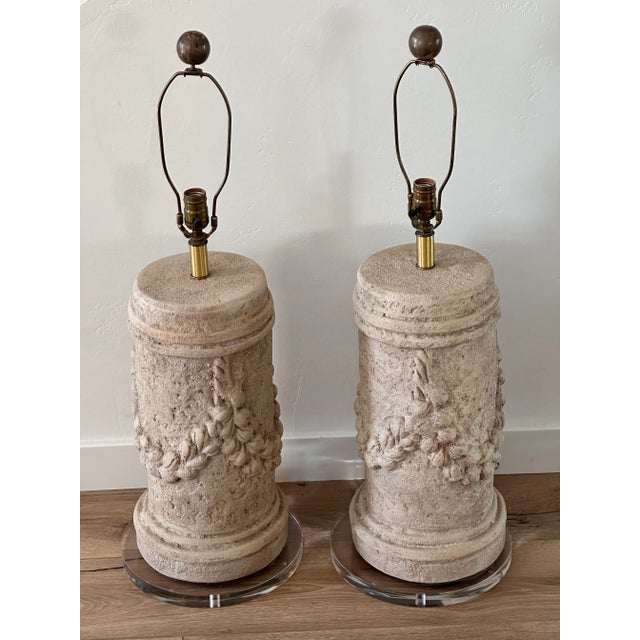 Cast Stone Column Table Lamps on Lucite Base – Sculptural Architectural Lighting, 33″ For Sale In San Diego - Image 6 of 12