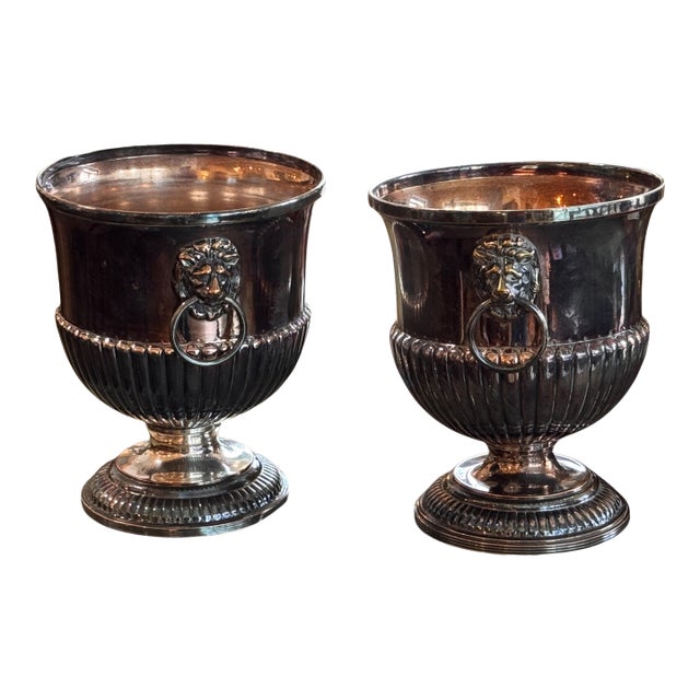 19th Century Pair of Silver Plate Wine Coolers With Lion-Mask Ring Handles For Sale
