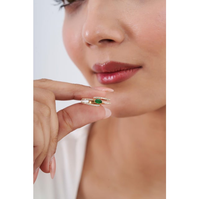 Green Handmade 14k Yellow Gold Marquise Emerald & Diamond Open Sprial Ring Size 4 For Sale - Image 8 of 18