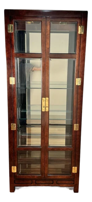 1980s White Furniture Mahogany & Burl Mandarin Ming Chinoiserie China Display Cabinet