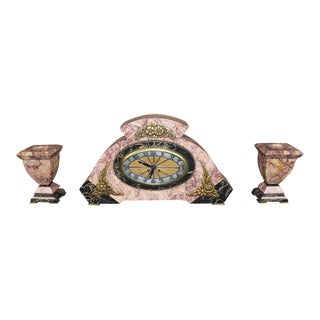 French Art Deco Varigated Marble Bronze and Candle Stick Mantle Clock Set For Sale