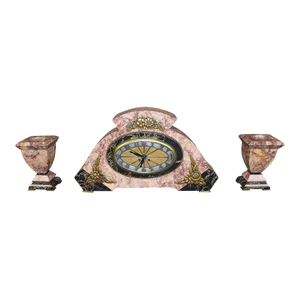 French Art Deco Varigated Marble Bronze and Candle Stick Mantle Clock Set