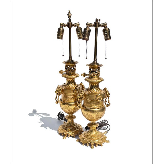 Metal French Empire/NeoClassical Gilt Bronze W/Lion Heads Lamps-Set of Two For Sale - Image 7 of 7