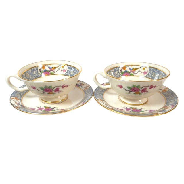 Vintage Lenox Ming P-16 Bird and Floral Footed Teacups and Saucers Set of 2 - 4 pcs For Sale In Los Angeles - Image 6 of 16