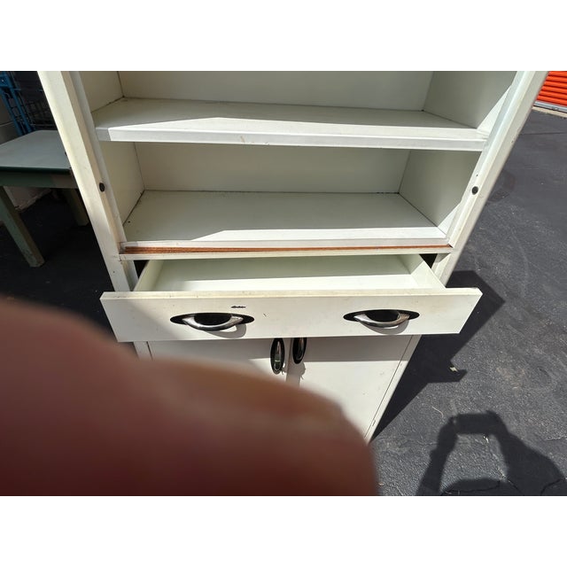 Farmhouse Vintage White Enamel Metal Kitchen Hutch Cabinet With Open Shelving For Sale - Image 3 of 9